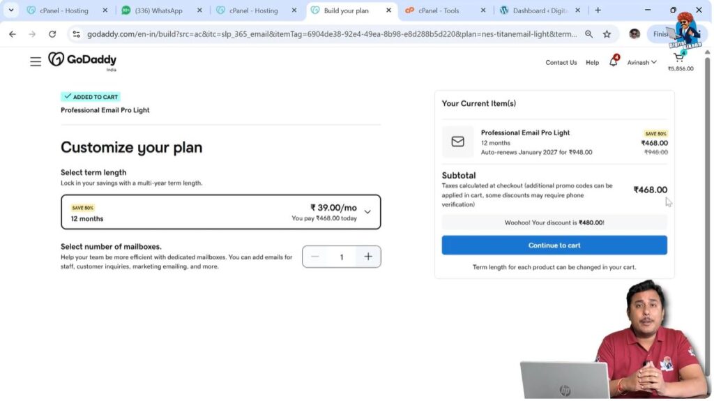 Completing payment to purchase professional email domain in GoDaddy