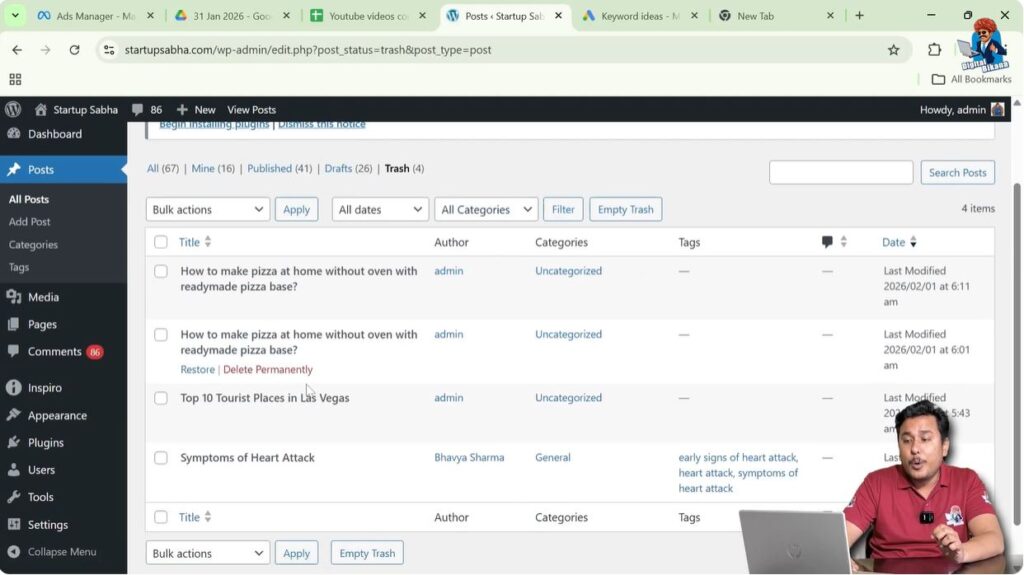 Opening trash section in WordPress posts to view deleted blog posts