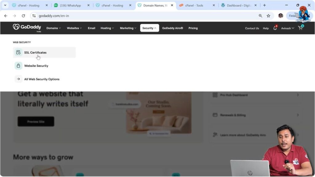 Selecting SSL certificates option from GoDaddy security menu