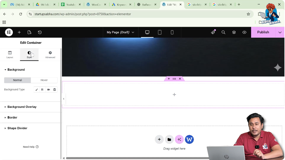 Opening style settings of Elementor container to customize design