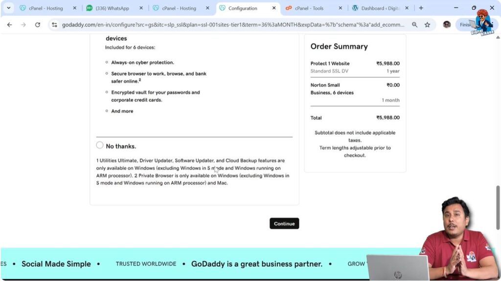 Completing payment to purchase SSL certificate from GoDaddy