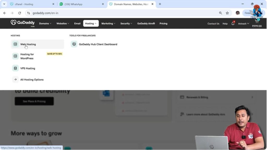 Selecting web hosting option from GoDaddy header menu