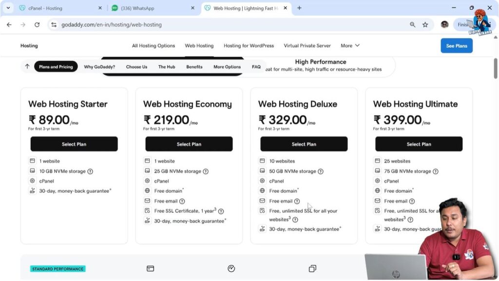 GoDaddy standard performance hosting plans comparison table