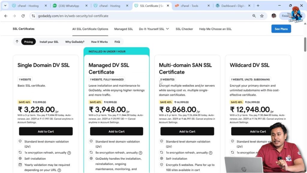 Different SSL certificate plans displayed on GoDaddy website