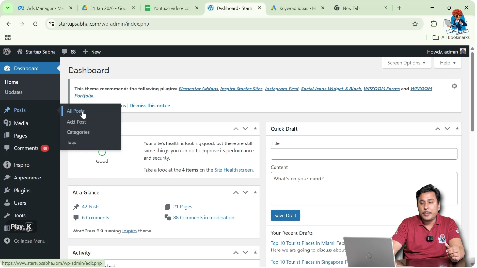 WordPress all posts page showing list of published and draft blog posts