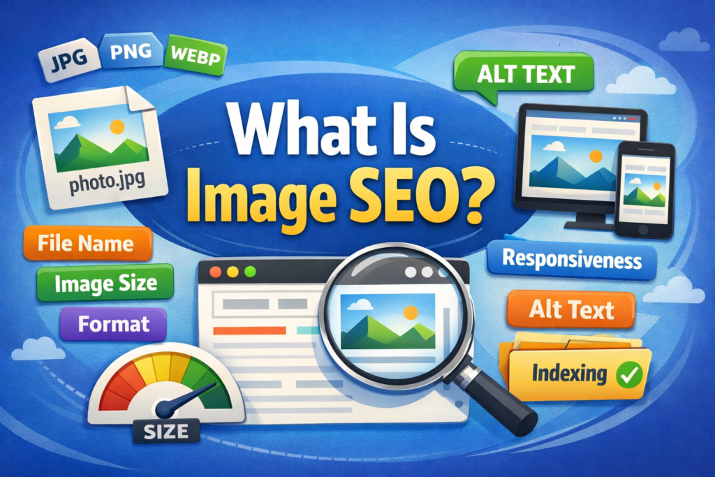 Diagram explaining image SEO elements like alt text and file name